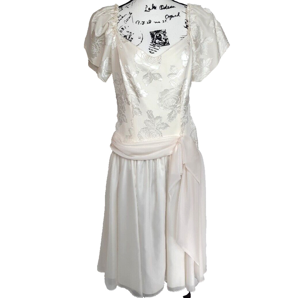 Vintage 80s Satin Chiffon Puff Sleeve Drop Waist Dress Size 16 Formal Wedding